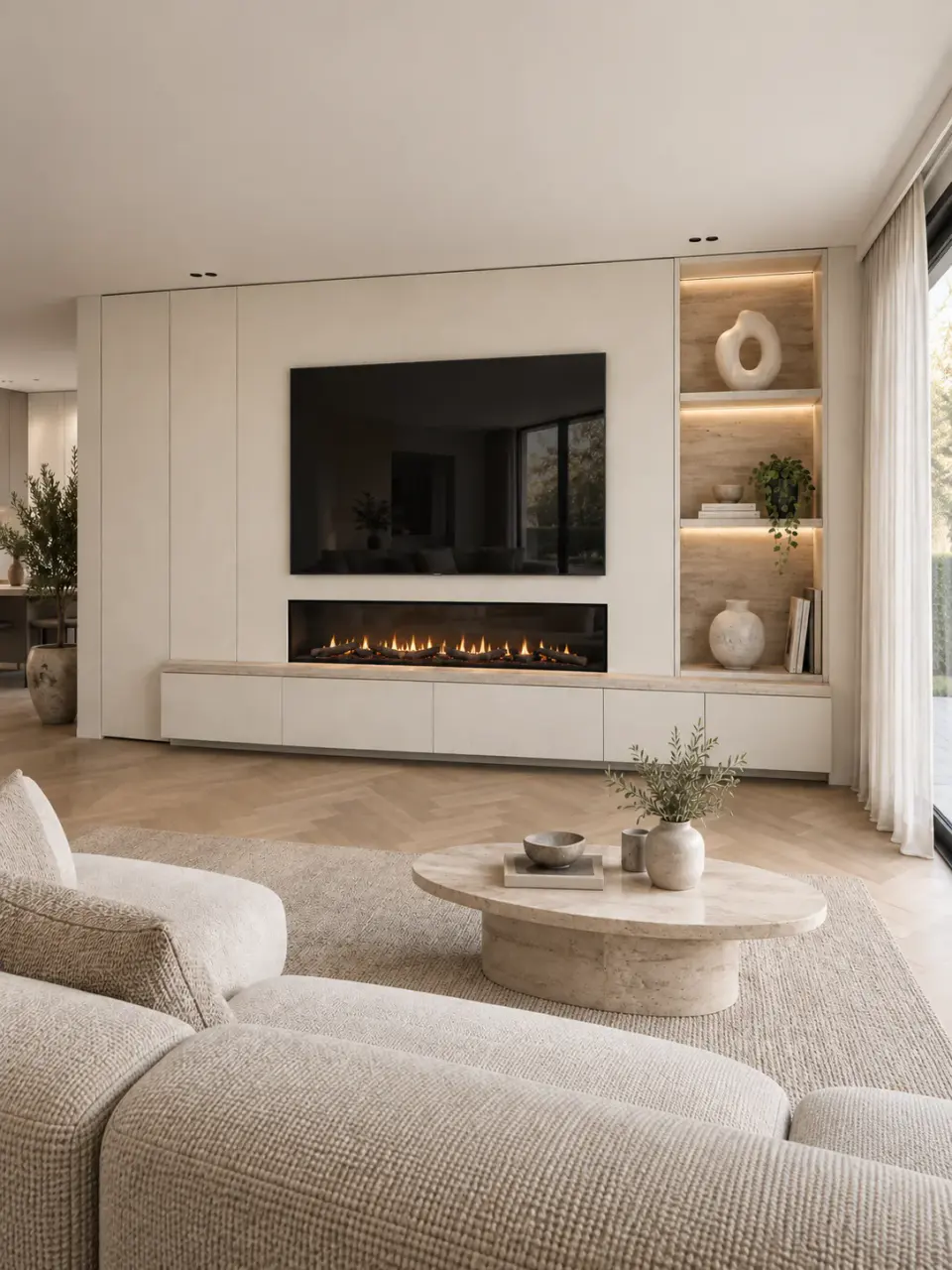Lichte woonkamer met zitgedeelte en maatwerk wandmeubel